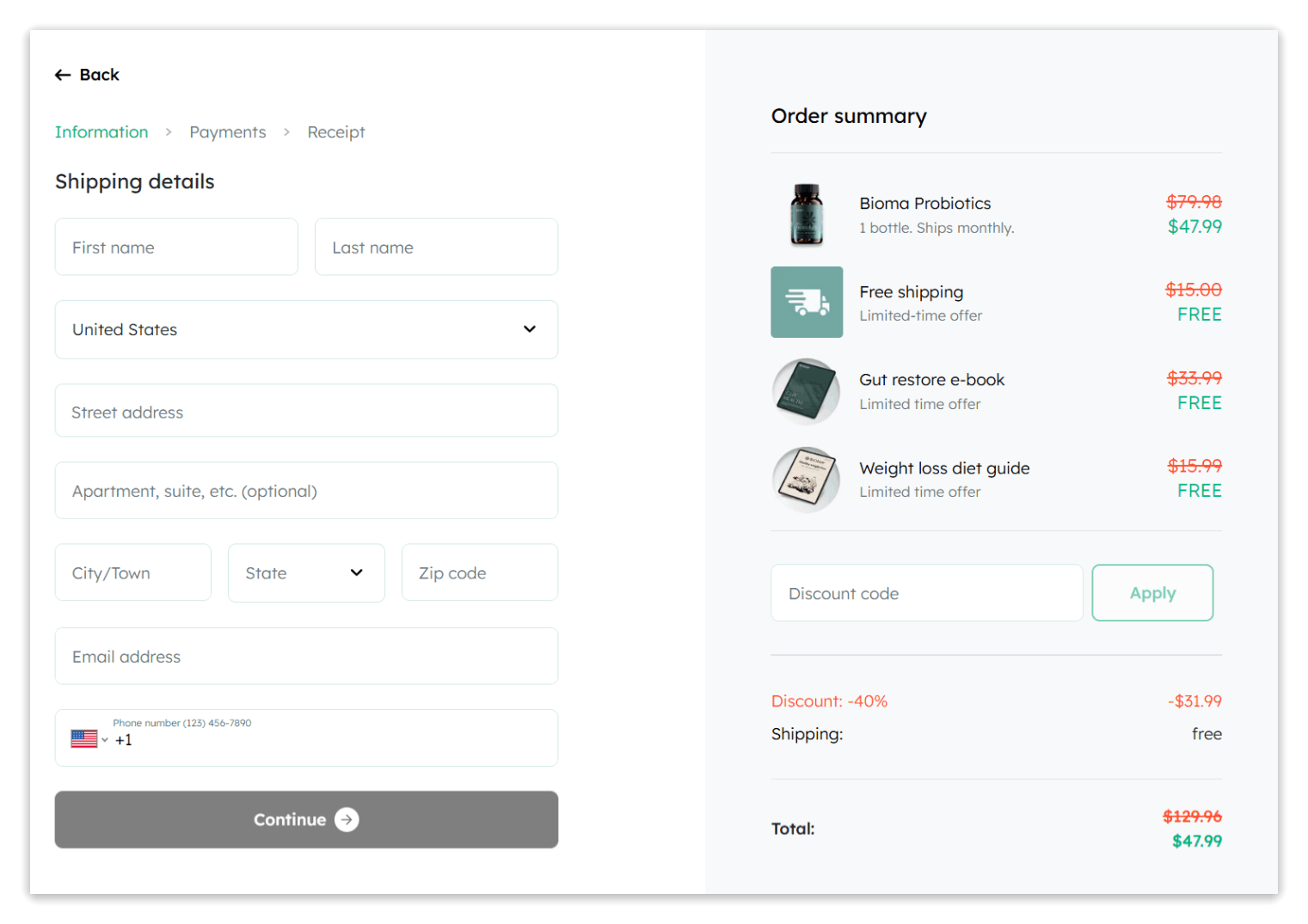 Bioma Probiotics checkout page